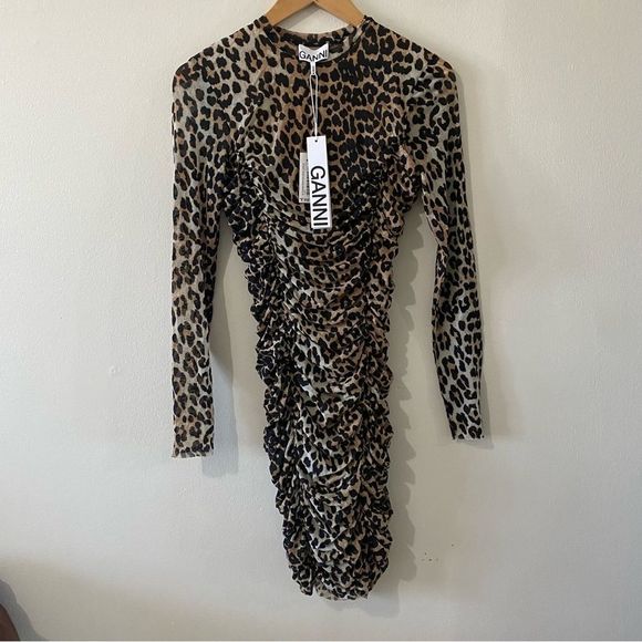 GANNI Ruched Leopard-print Stretch-mesh Mini Dress - Picture 9 of 11